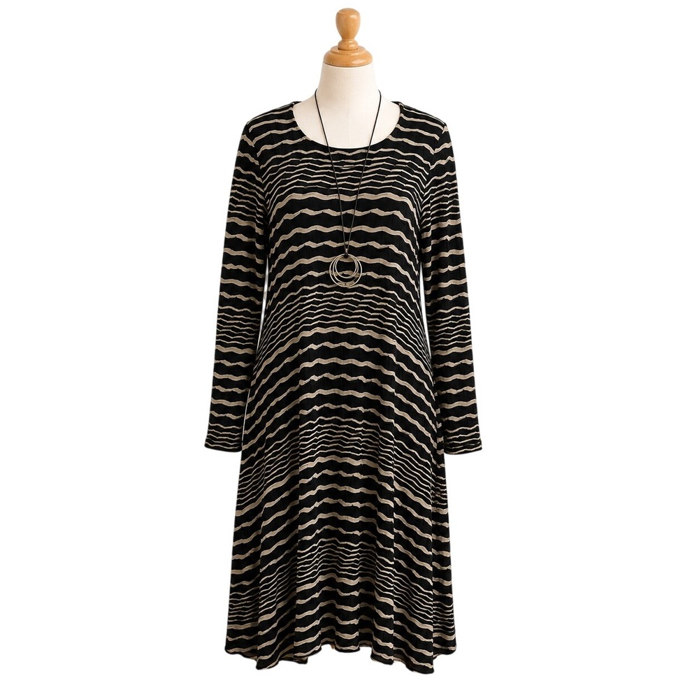 Tianello Dress L Black Taupe Striped Art to Wear Lagenlook Artsy Knit USA FLAW